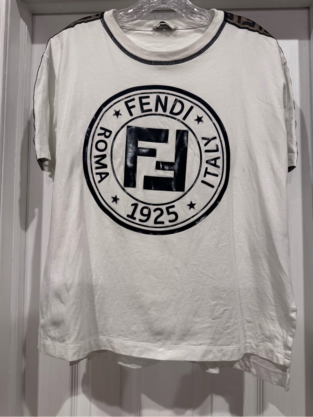 Fendi White Short Sleeve Tee with Black Logo Emblem